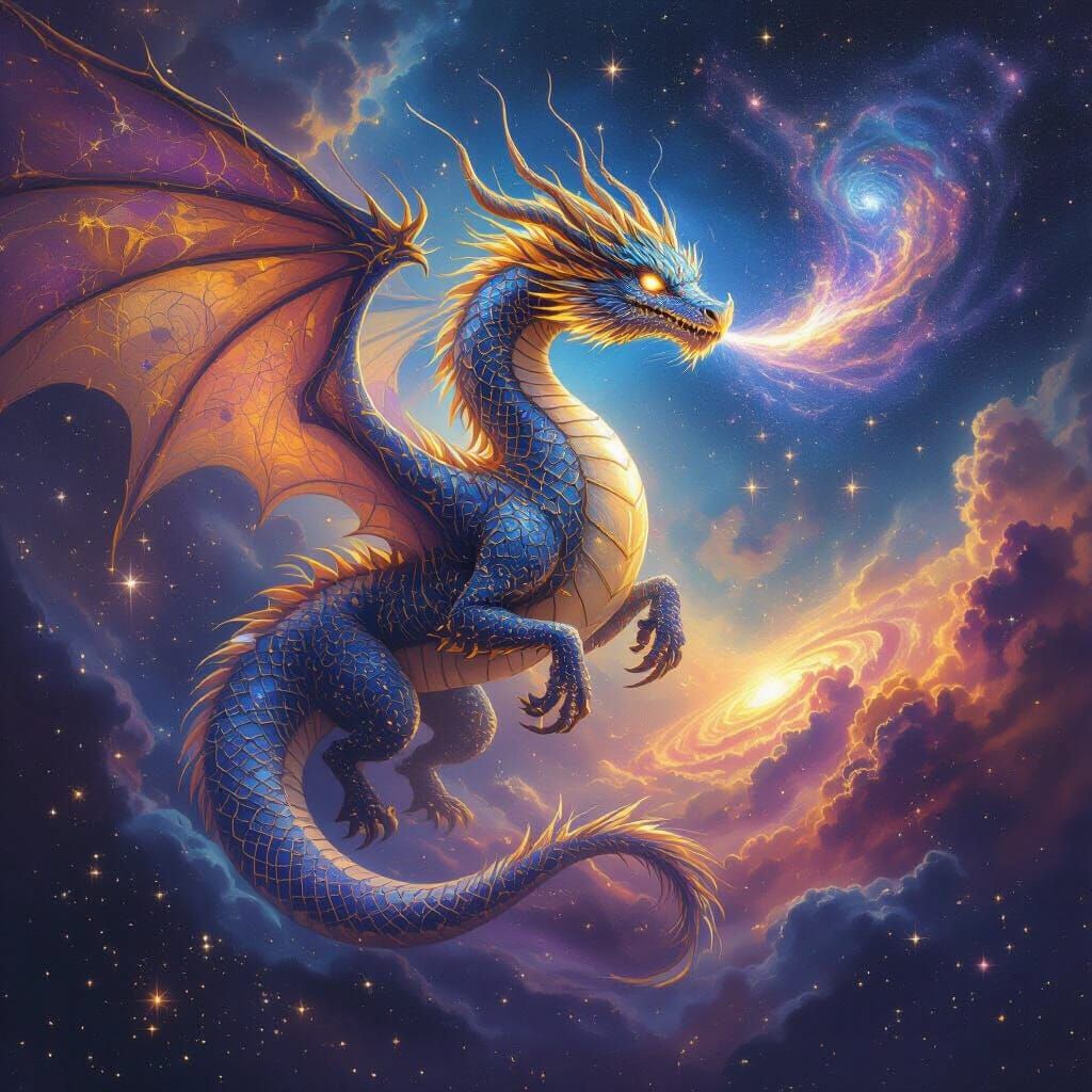 Celestial Dragon Soaring Through Cosmos in Cosmic Art Style