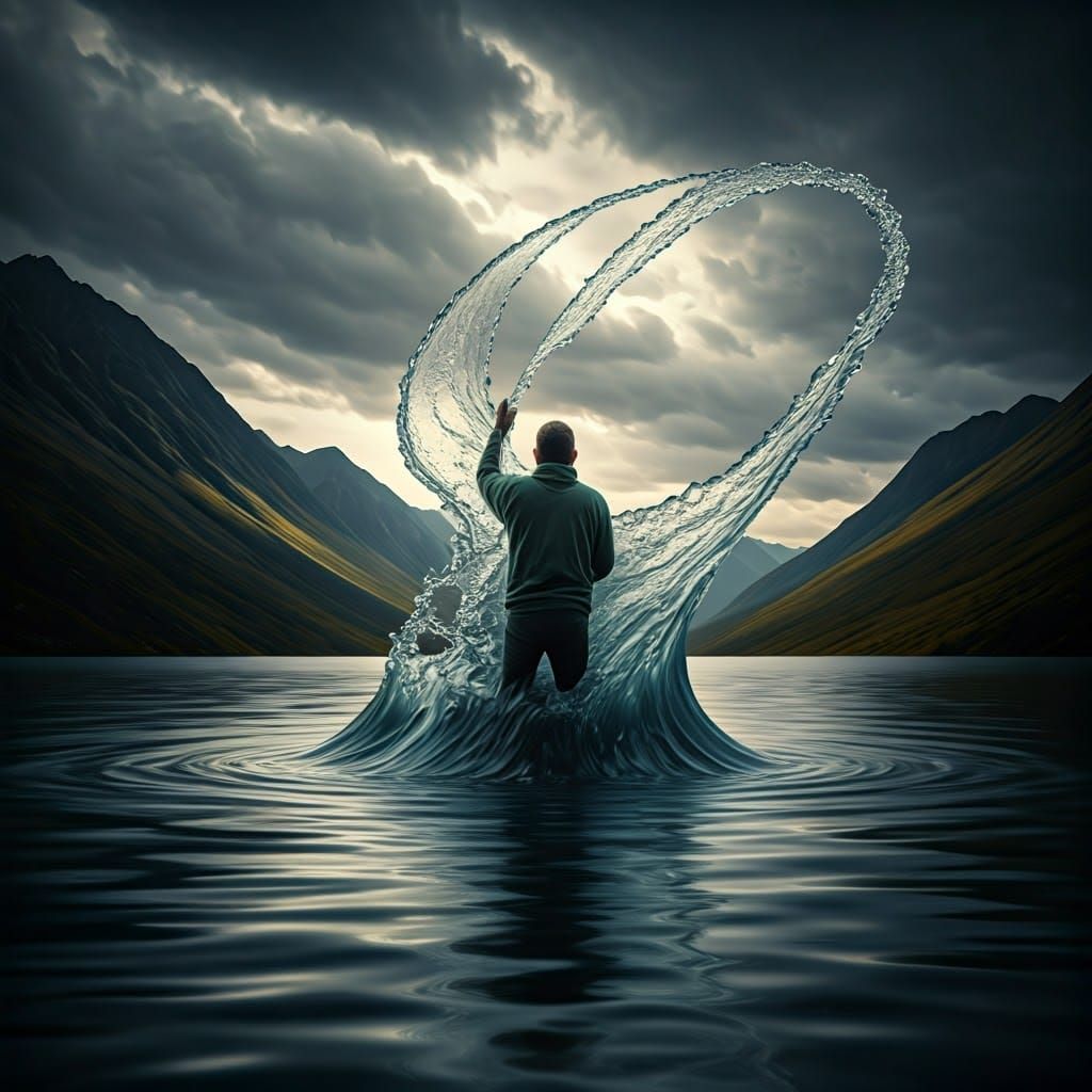 Sculptor Shapes Water in Mountain Lake: Hyperrealistic HDR