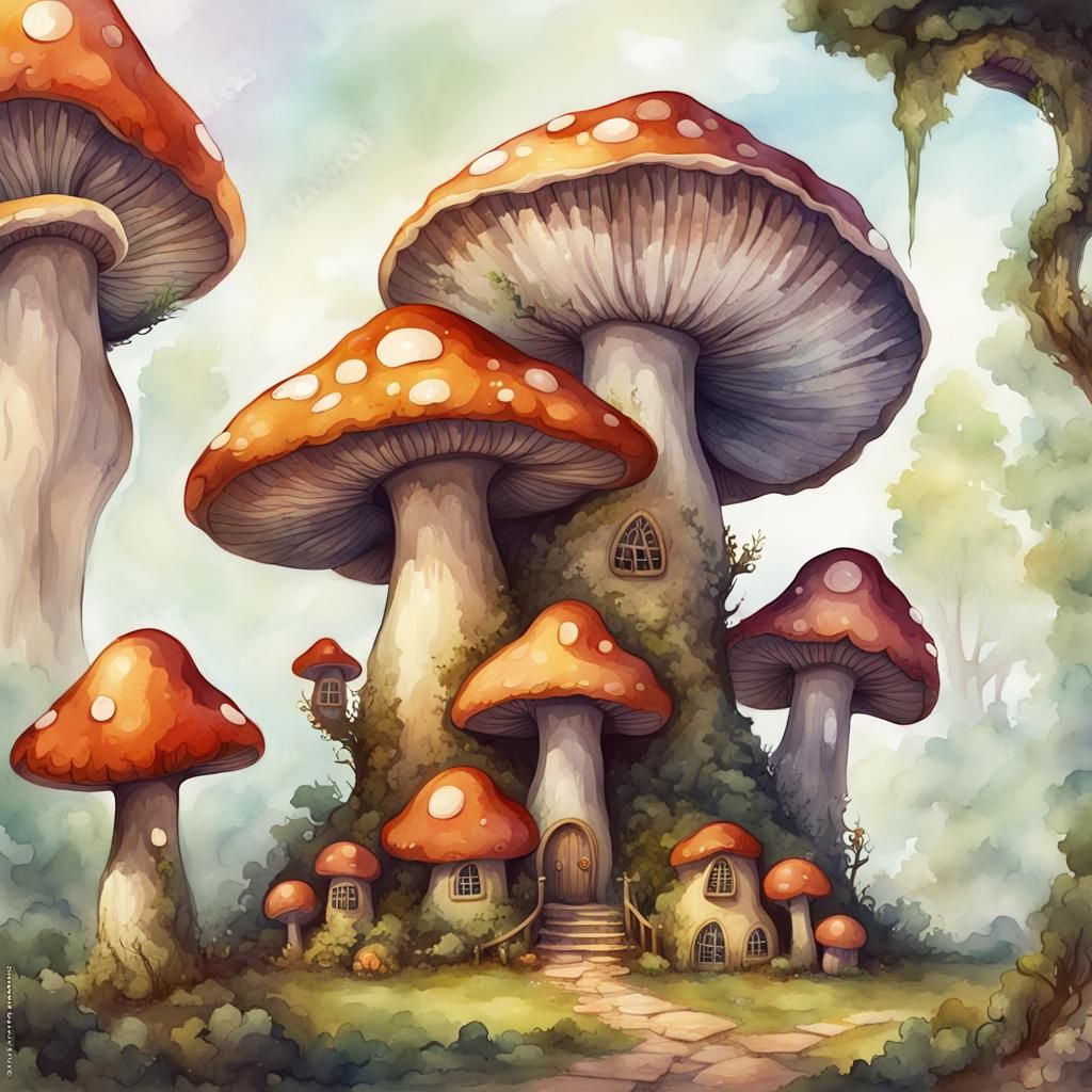 Fae Village of Giant Mushrooms in Watercolor