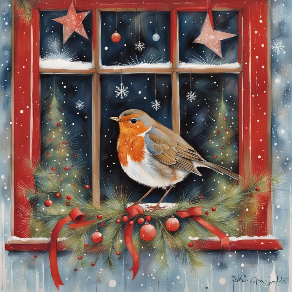 Robin in Christmas Window, Mixed Media Artwork