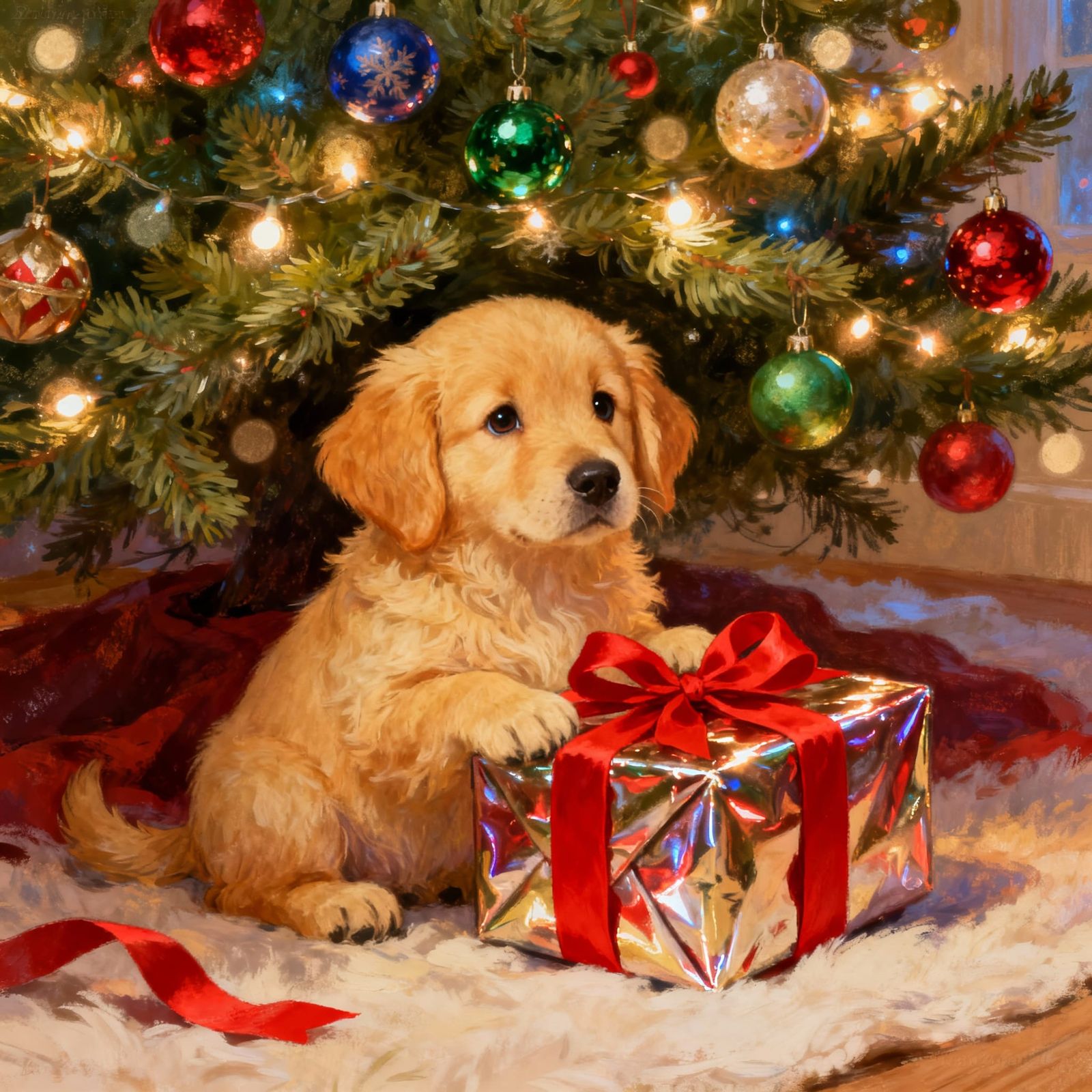 Adorable Golden Retriever Puppy Under Christmas Tree
