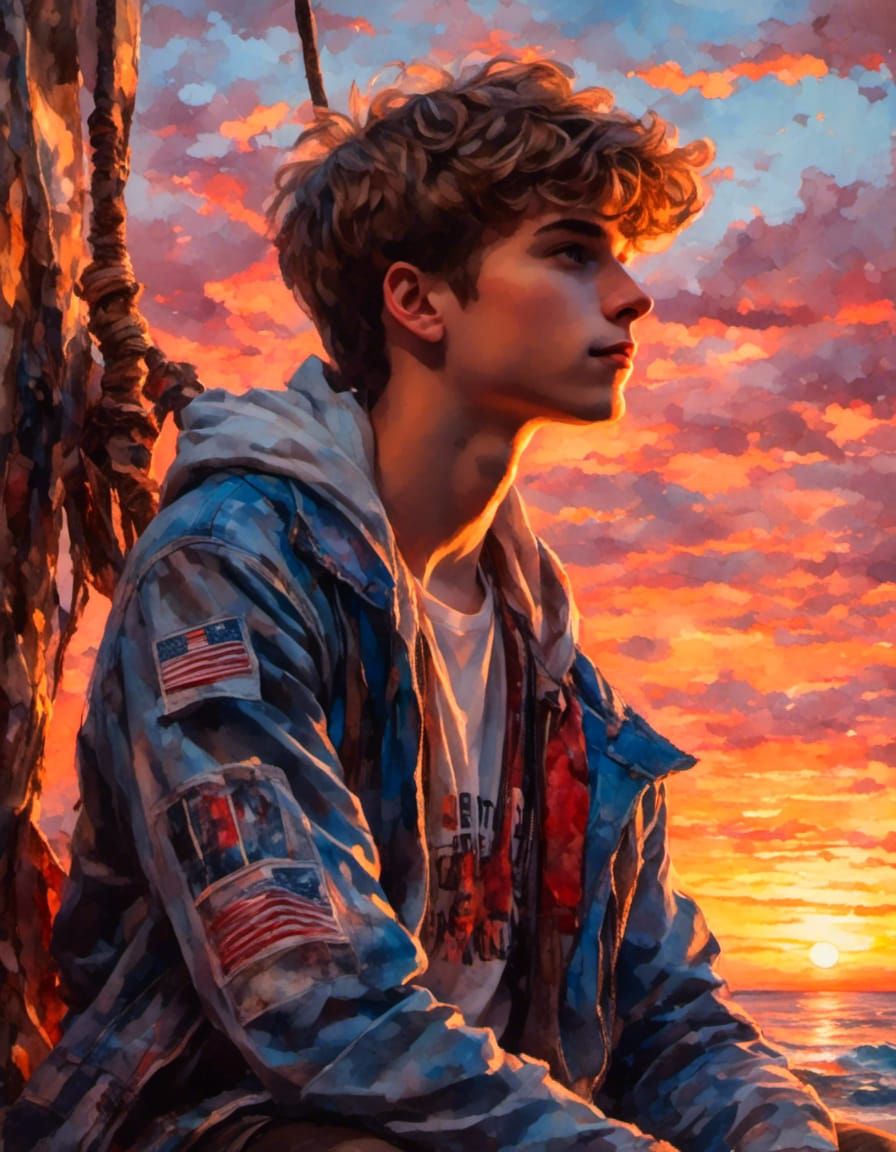Sunset Portrait of a Teenage Boy in Gouache Style