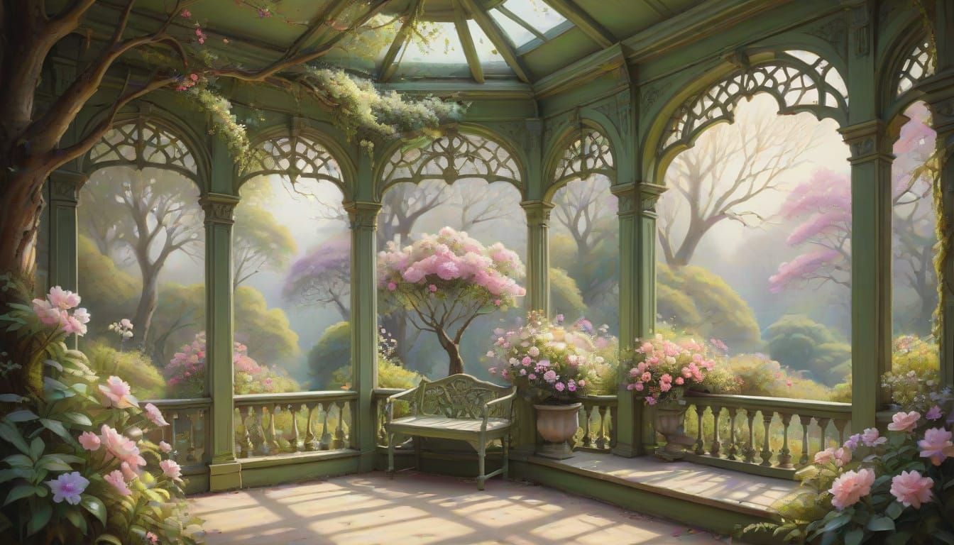 Whimsical Victorian Veranda Amidst Vibrant Blooms in Oil Pai...