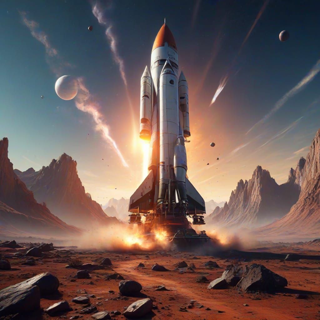 Vibrant Space Rocket Landing on Alien Planet