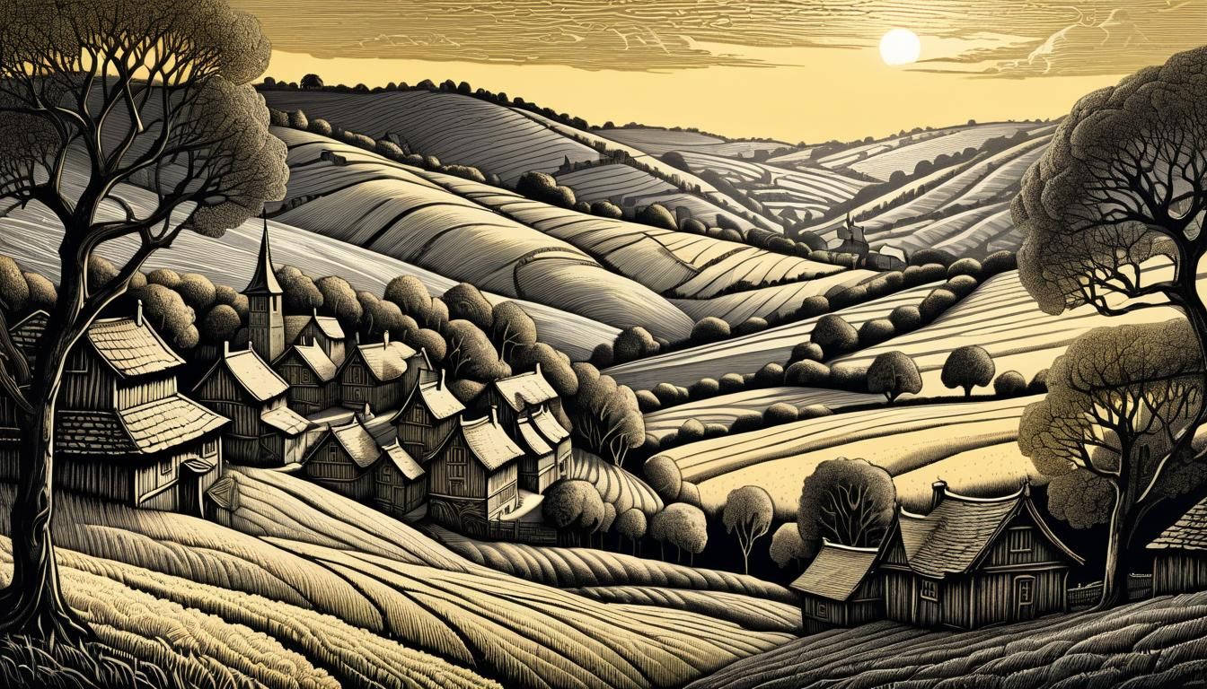 Detailed Wood Engraving of a Serene Village