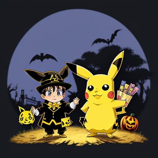Pikachu and Ash Trick-or-Treat in Vibrant Anime Style
