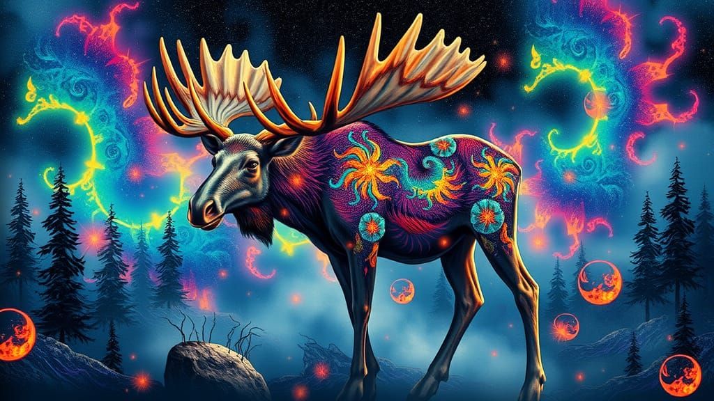 Mystical Moose in Surreal Dreamscape, Watercolor Art
