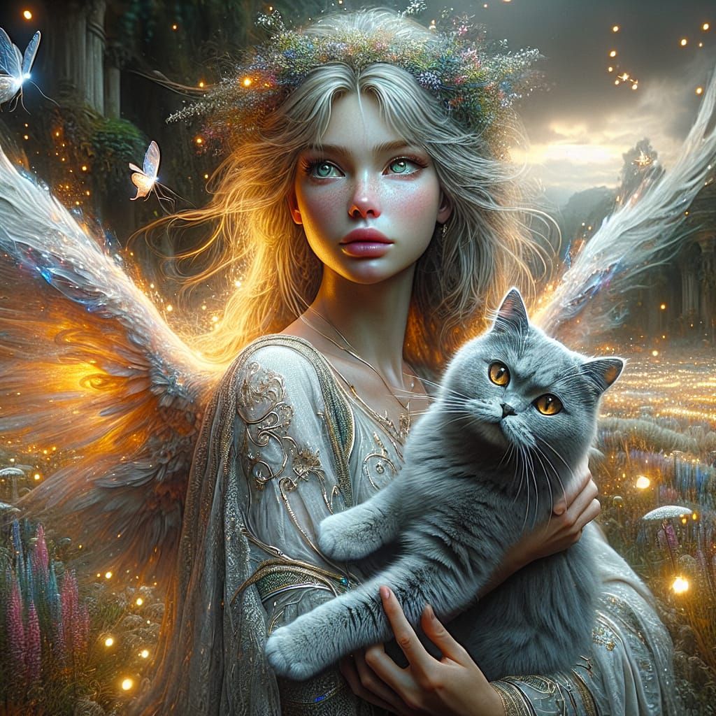 Angel Holding Cat in Mythical Firefly Field