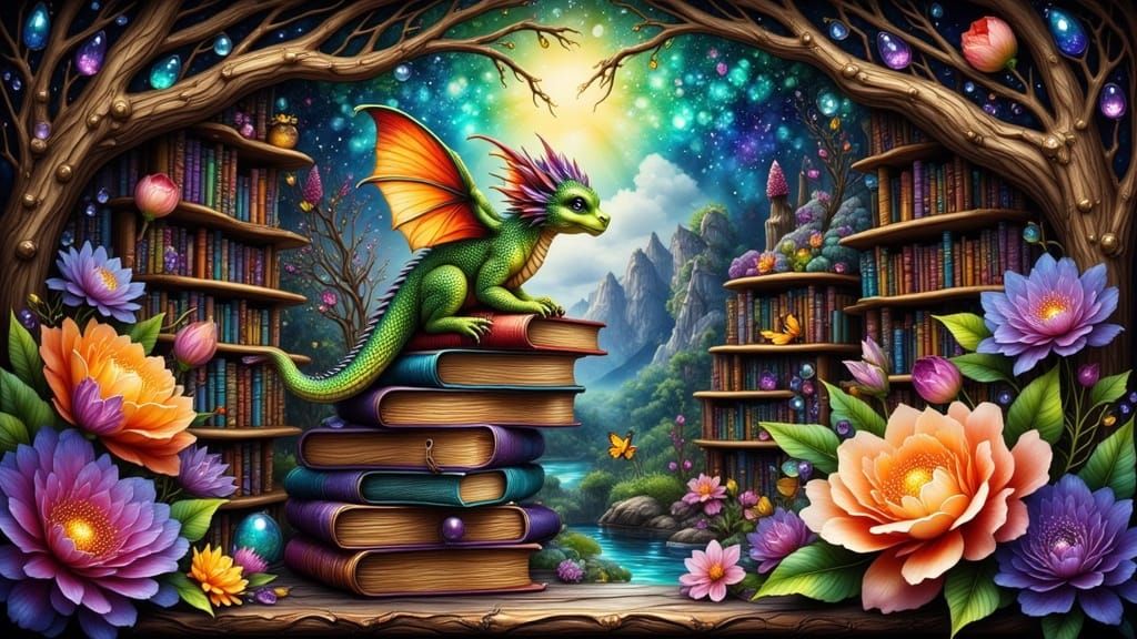 Living Books in Hidden Library with Dragon, Art Nouveau