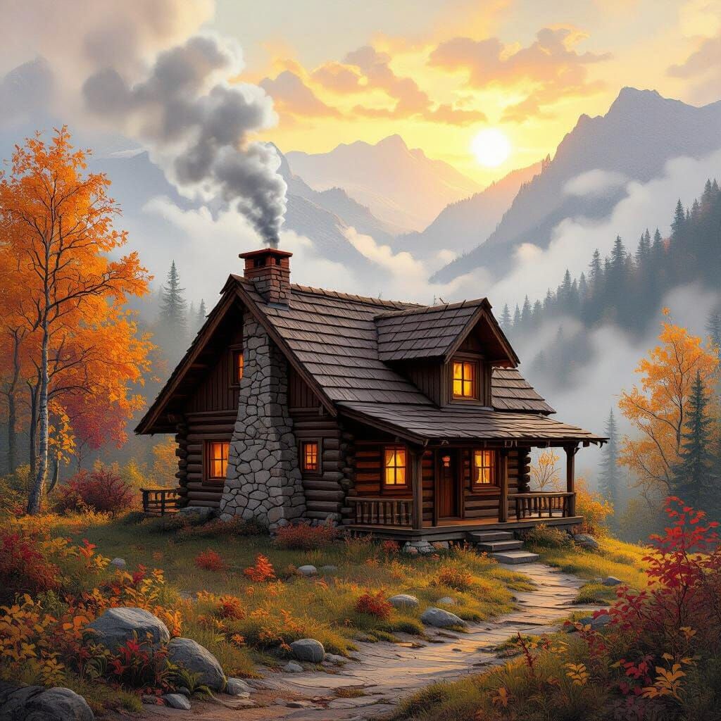 Autumn Cabin in Misty Mountain Sunrise