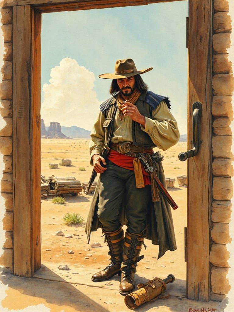 Samurai Cowboy in Desert Saloon: Colored Pencil Art