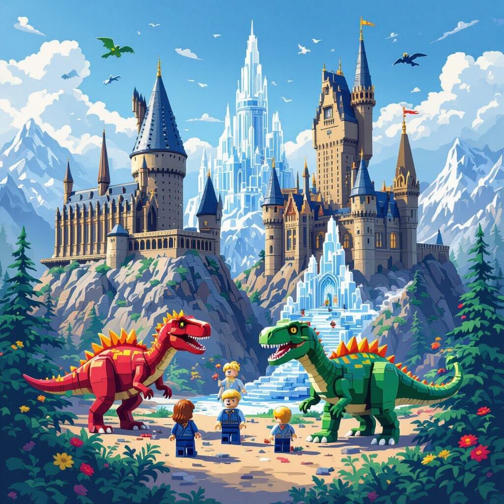 Lego Dinosaurs and Magic Castle in Vibrant Digital Art
