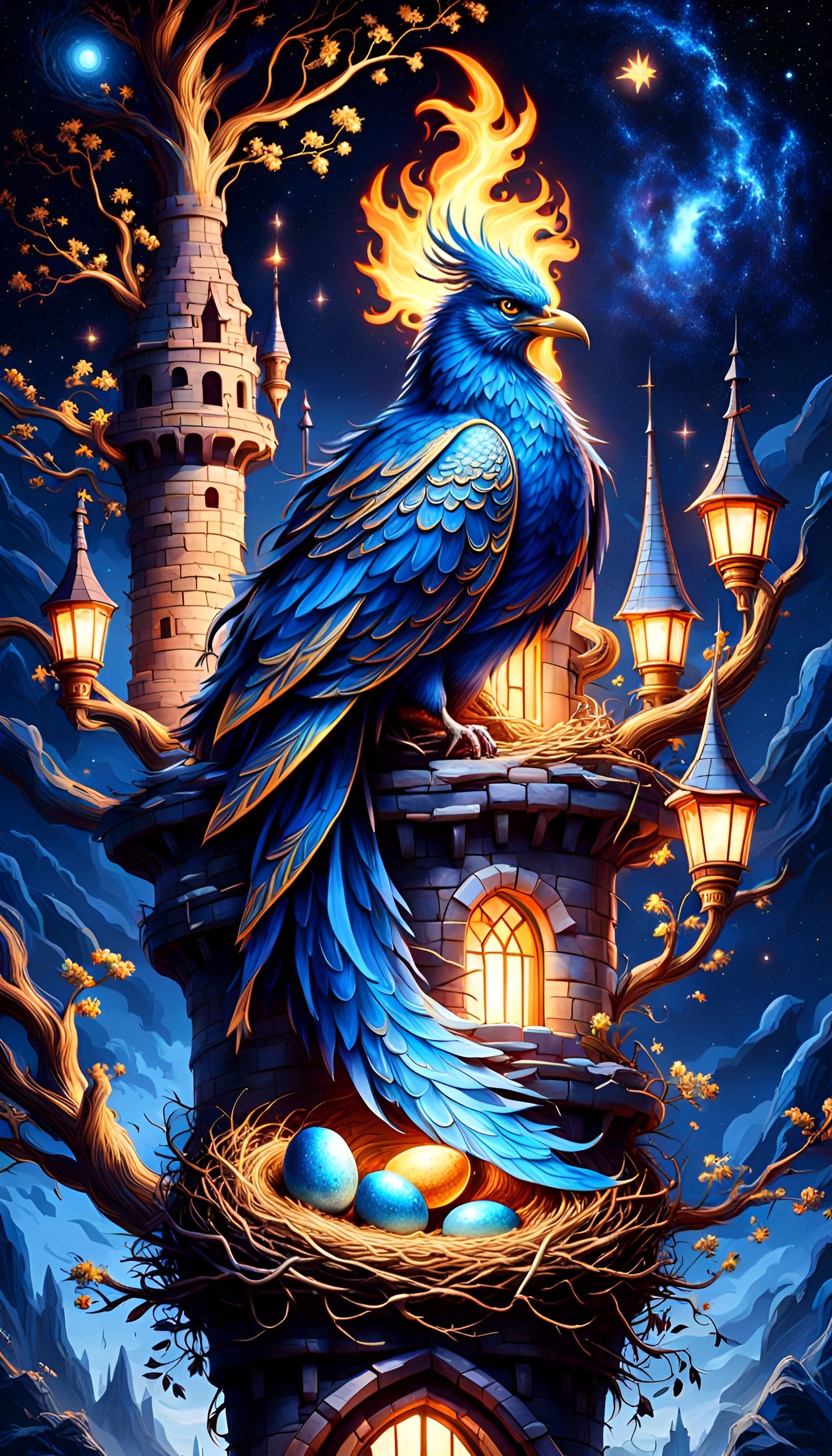 Blue Phoenix Guarding Magical Nest on Wizard Tower