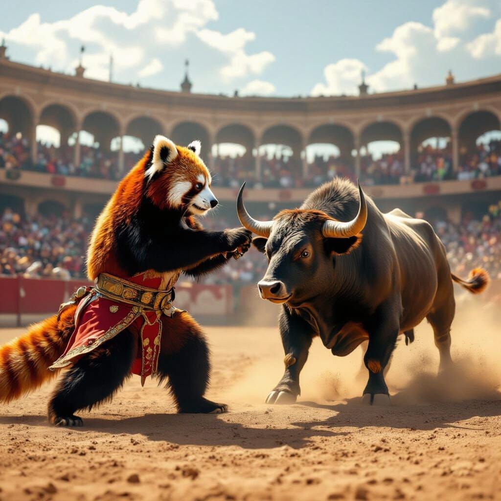 Red Panda Matador Battles Bull in Dusty Stadium