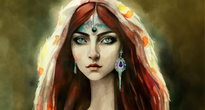 Gouache Portrait of a Beautiful Young Priestess