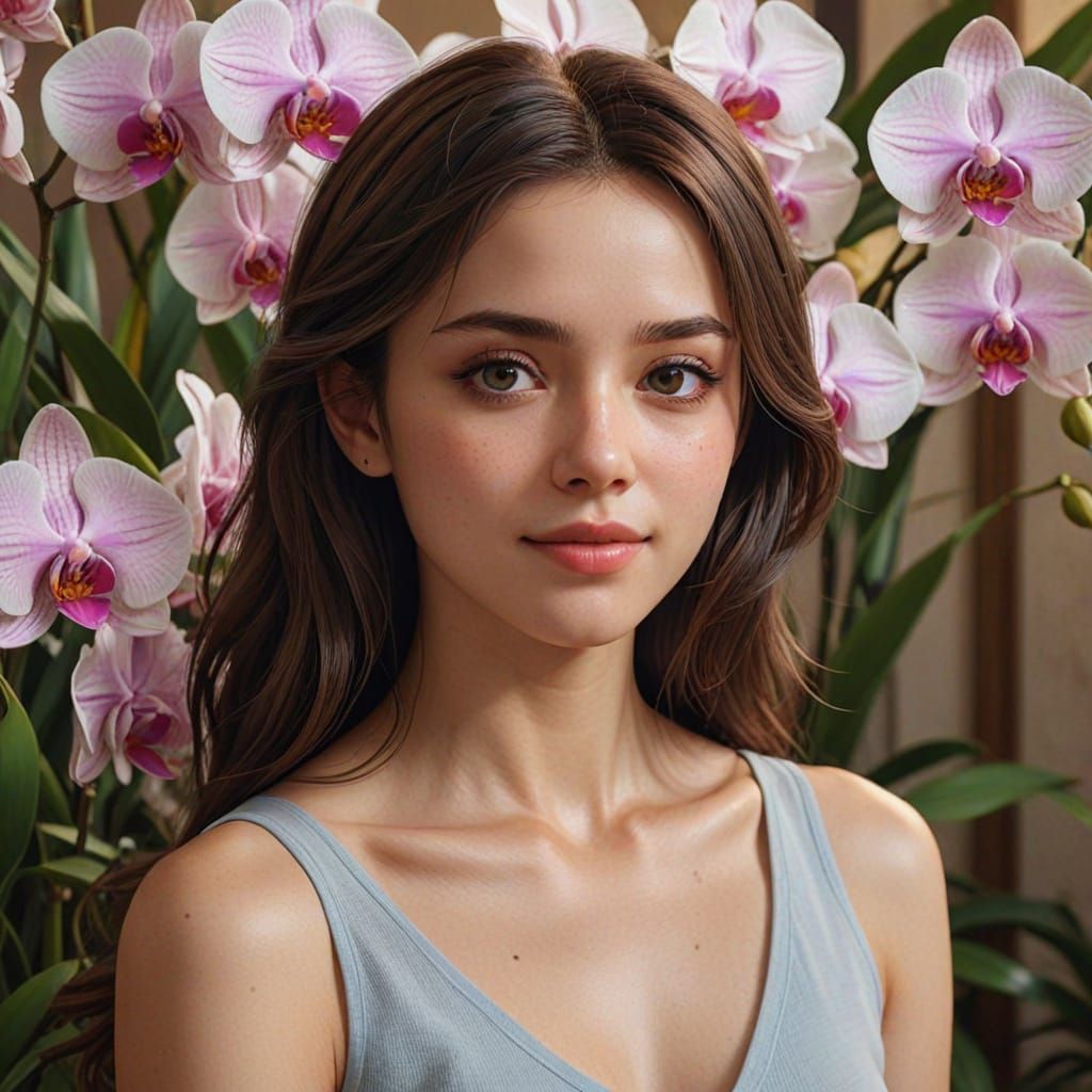 Hyper-Realistic Portrait of a Woman Among Orchids