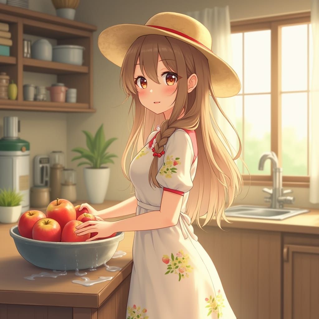 Anime Girl Washing Fruit in Cozy Kitchen