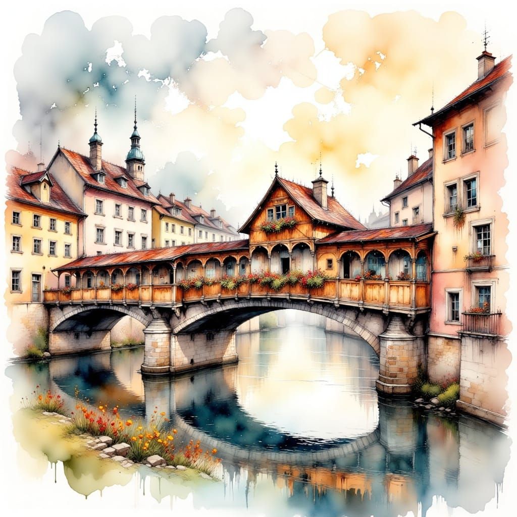 Chapel Bridge in Lucerne, Switzerland, in Delicate Watercolo...