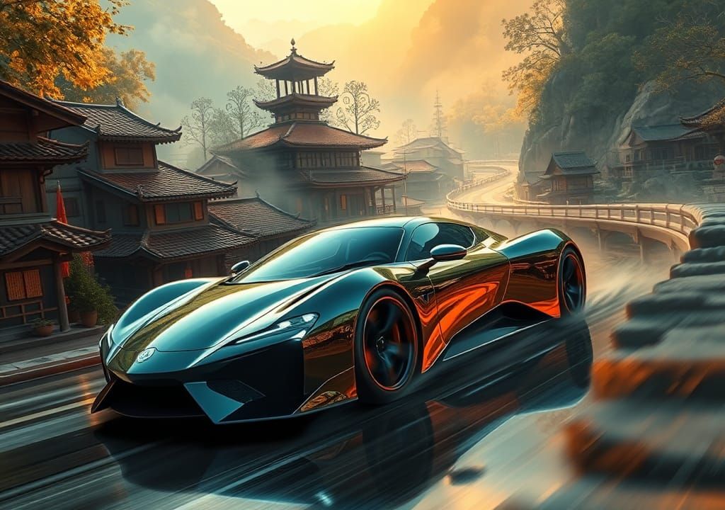 Mirror finish futuristic super car driving through a traditi...