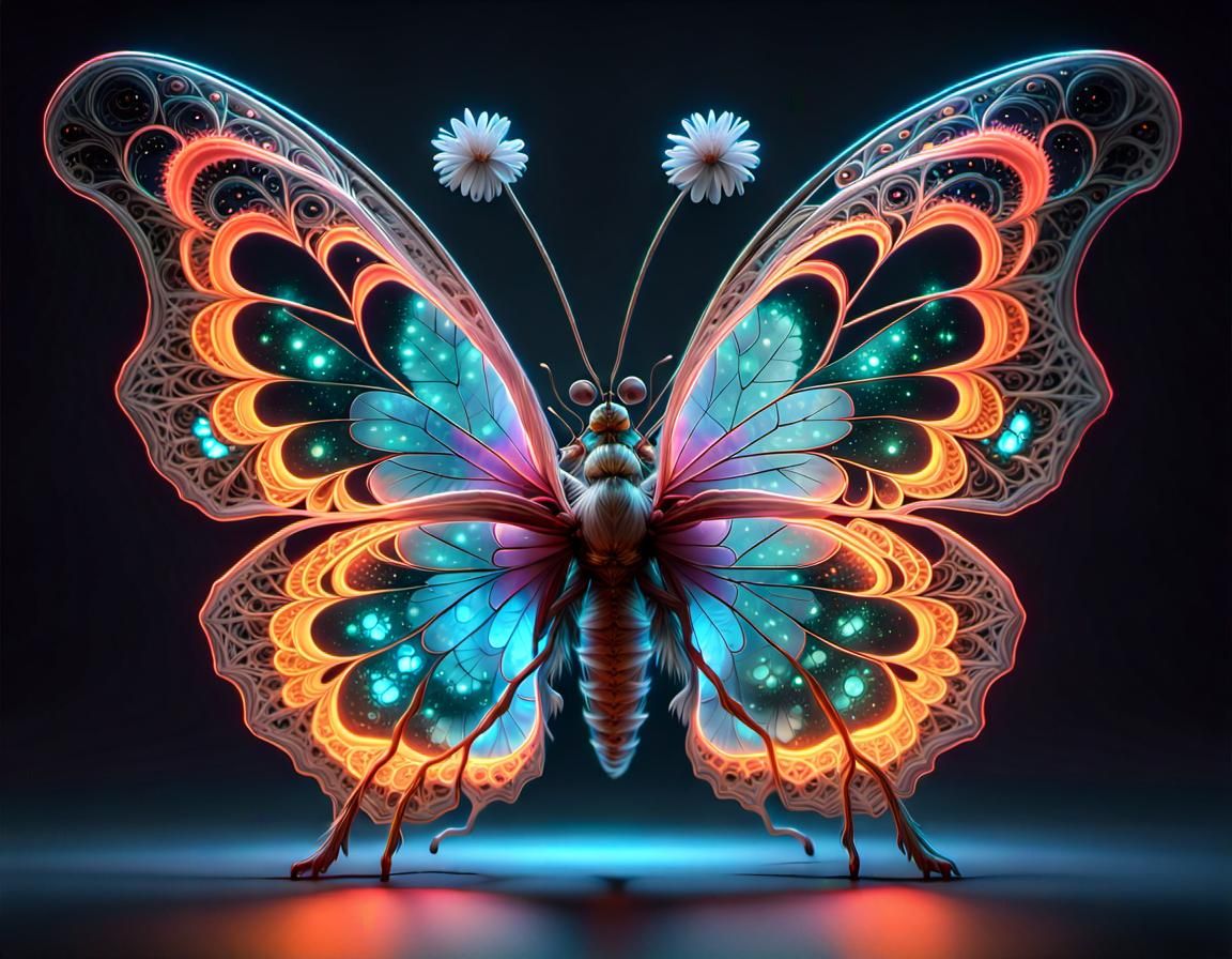 Luminous Butterfly on Bioluminescent Flower: Digital Art