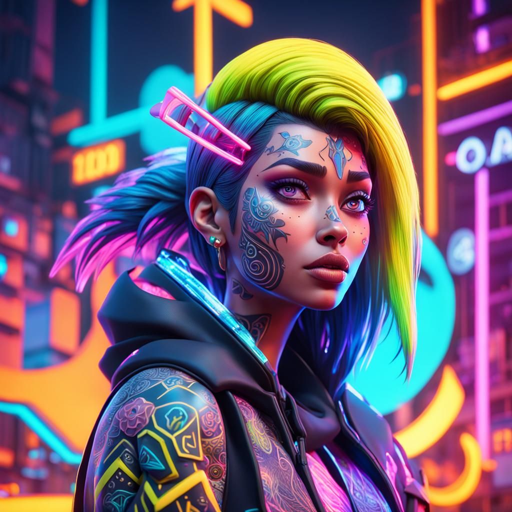 Girl with Neon Tattoos in Pixar Style