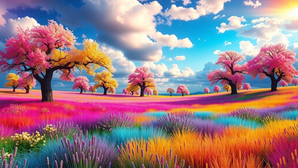 Rainbow Meadows and Spectral Trees: A Vibrant Landscape