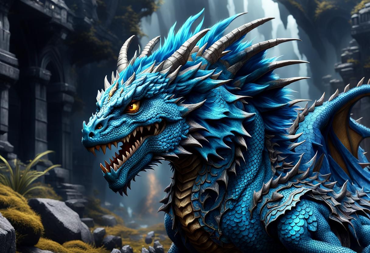 Blue Dragon with Punk Rock Hair in Detailed Matte Painting