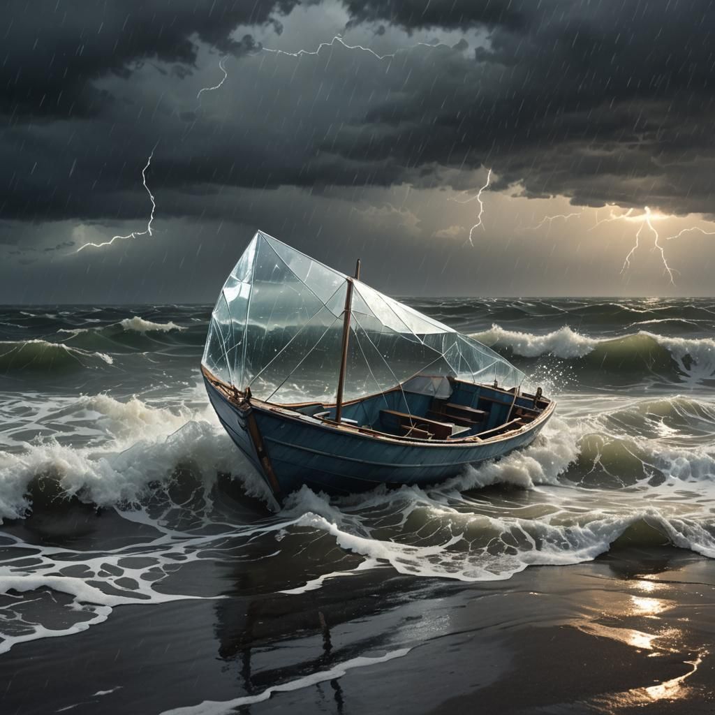 Glass Paper Boat in Stormy Sea with Atmospheric Lighting