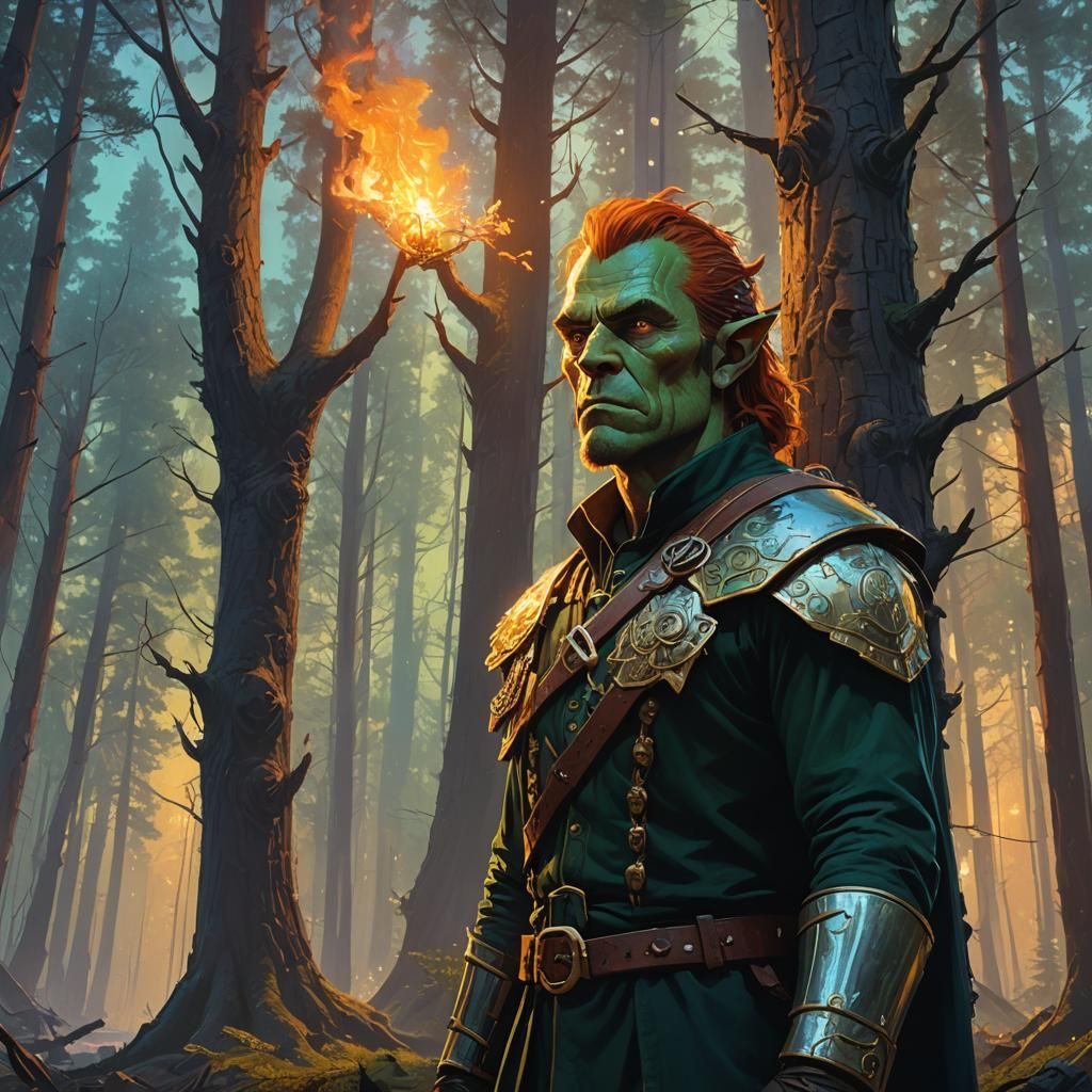 Half-Orc Aristocrat in Aurora-Lit Forest: Digital Matte Pain...