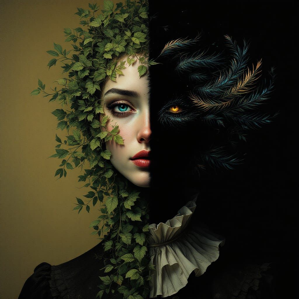 Surreal Portrait of Merging Identities with Feather Hair