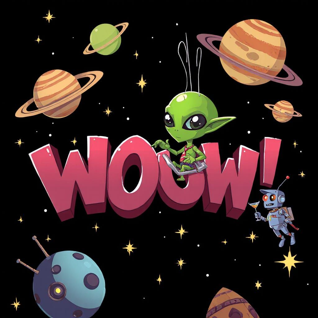 Vibrant Cartoon Scene of Alien Invasion in Space