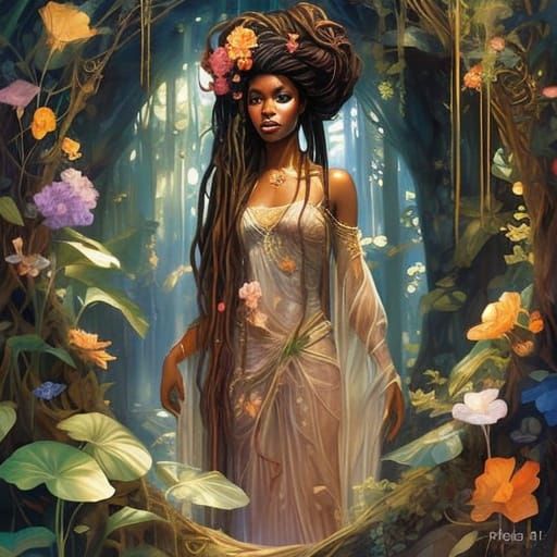 Ethereal Black Goddess in Hidden Grotto, Adorned with Flower...