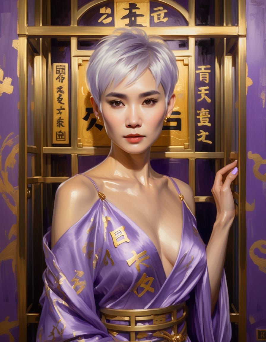 Beautiful woman with platinum hair cut in pixie style wearin...