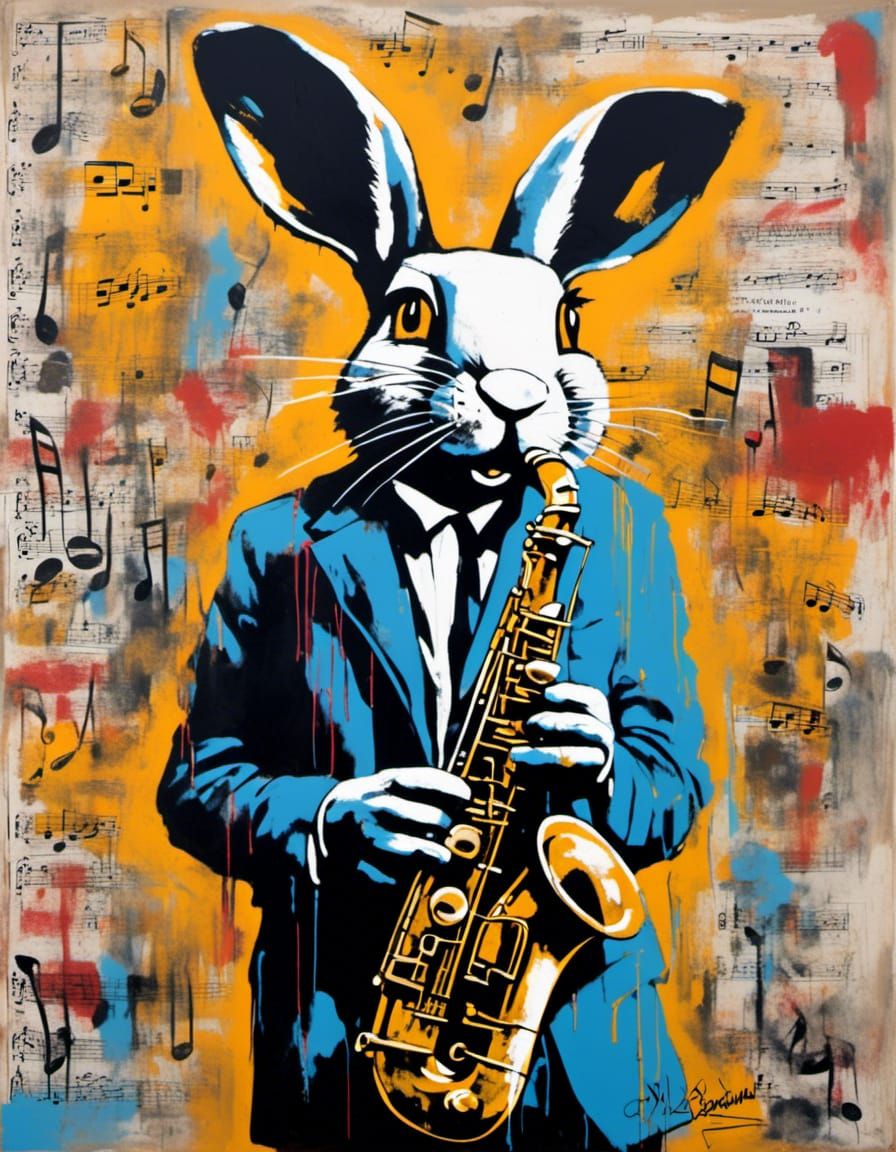 Rabbit Saxophonist in Neo-Expressionist Street Art