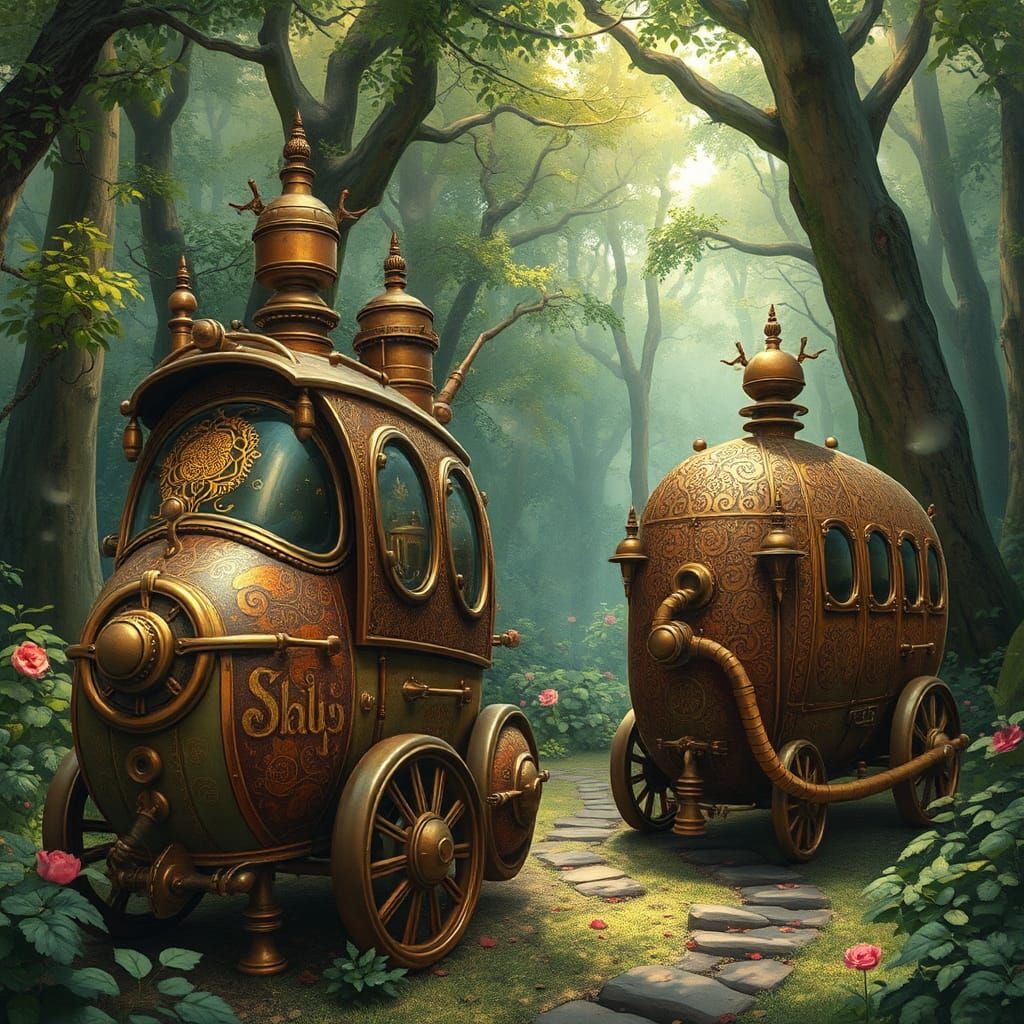Steampunk Vehicles in Lush Forest, Art Nouveau Style