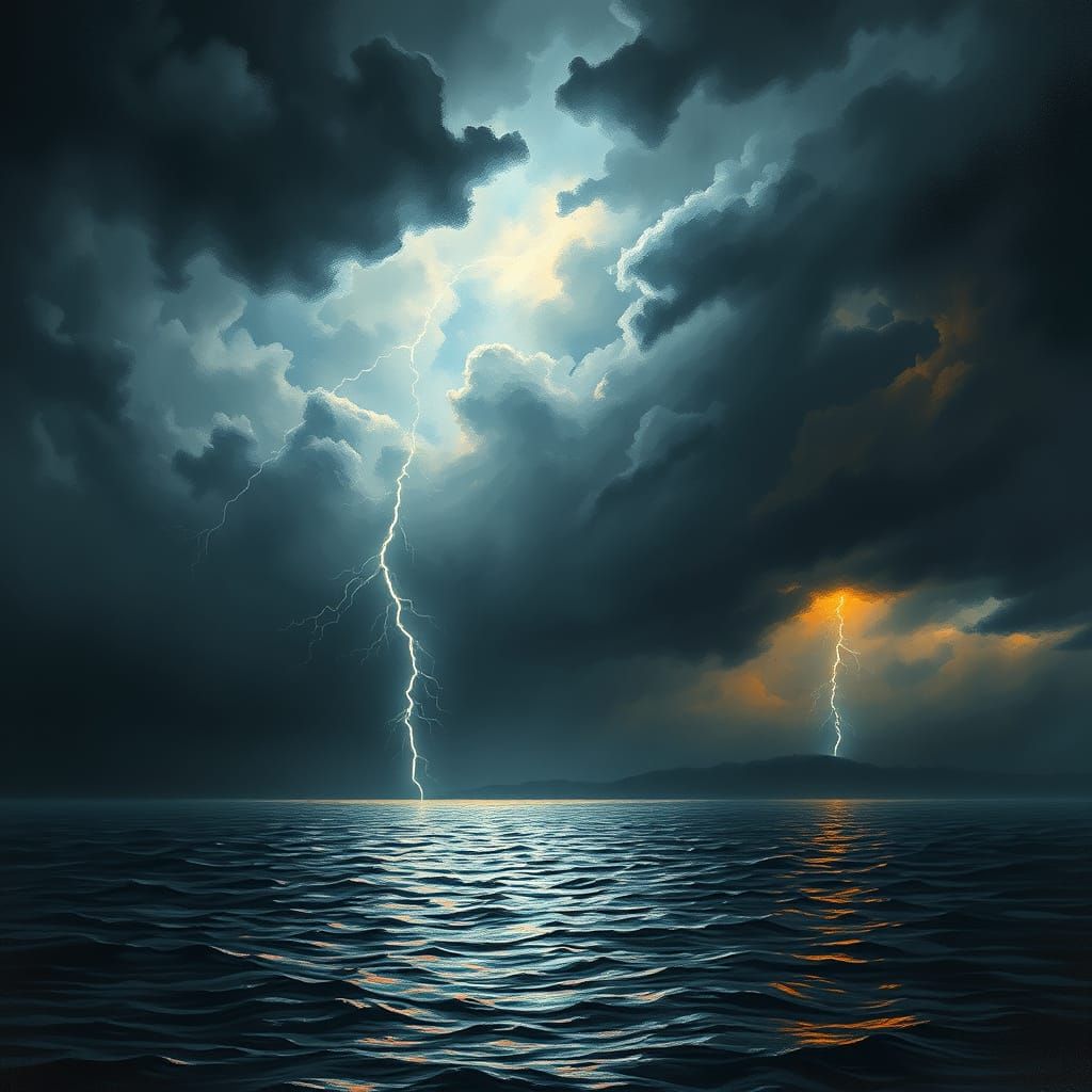 Dramatic Storm Over Lake with Lightning, Romantic Landscape ...