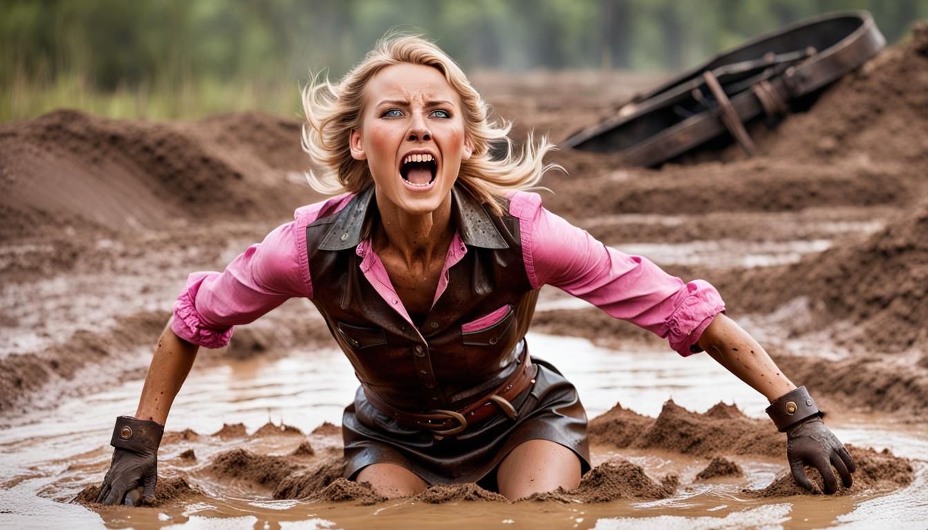 Woman Sinking in Quicksand: Hyperrealistic Splash Art