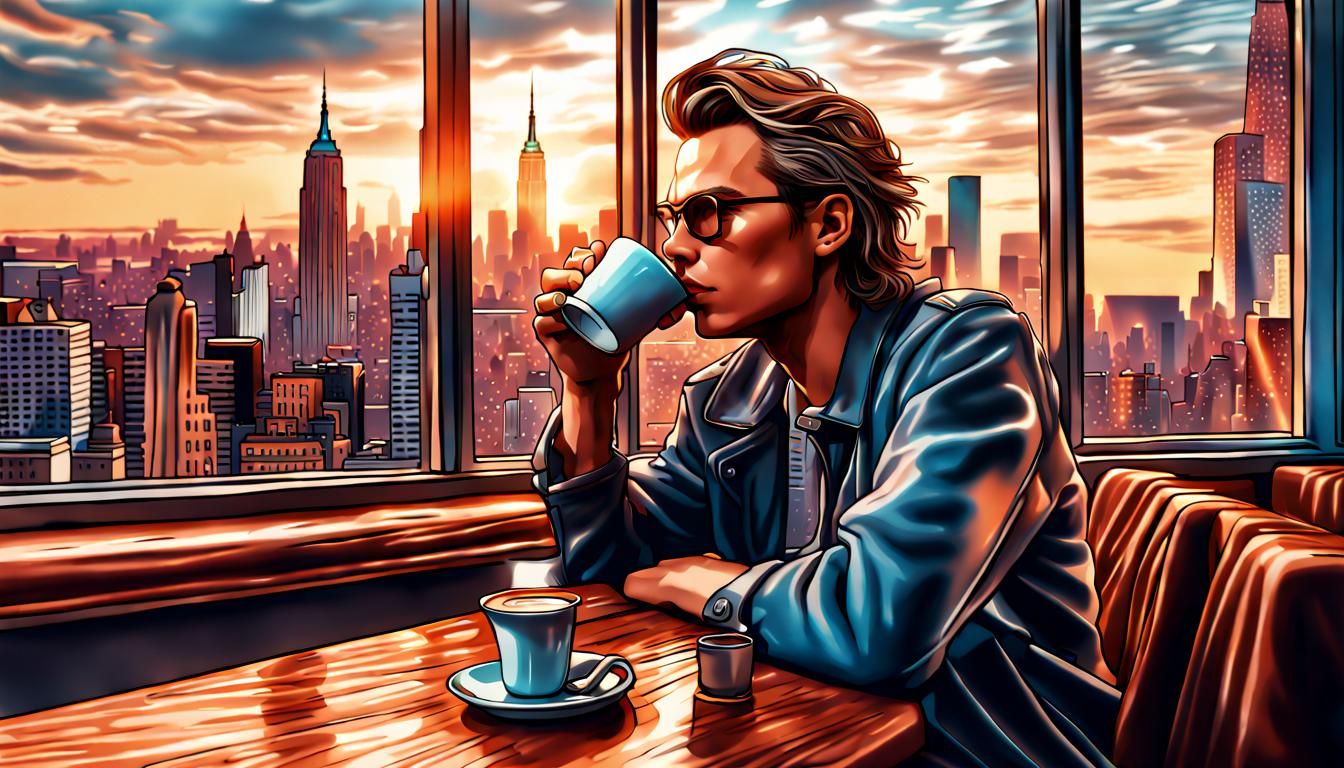 Man in Cafe Overlooking New York City, 8K Render