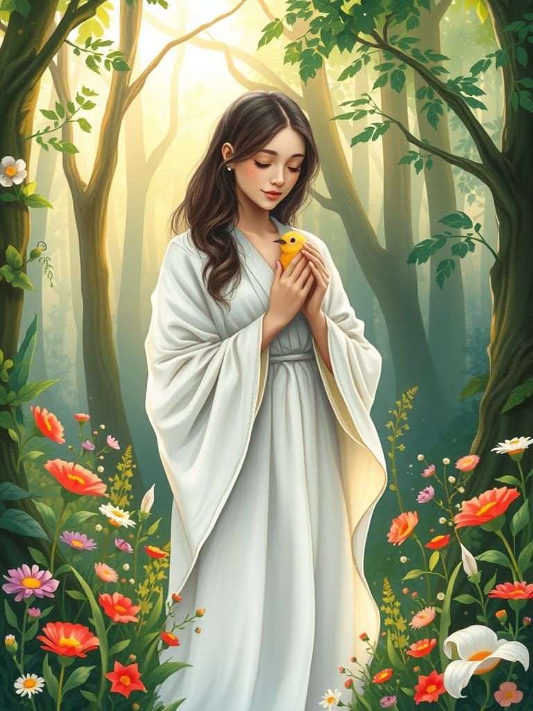 Whimsical Watercolor Woman in Lush Forest with Delicate Bird