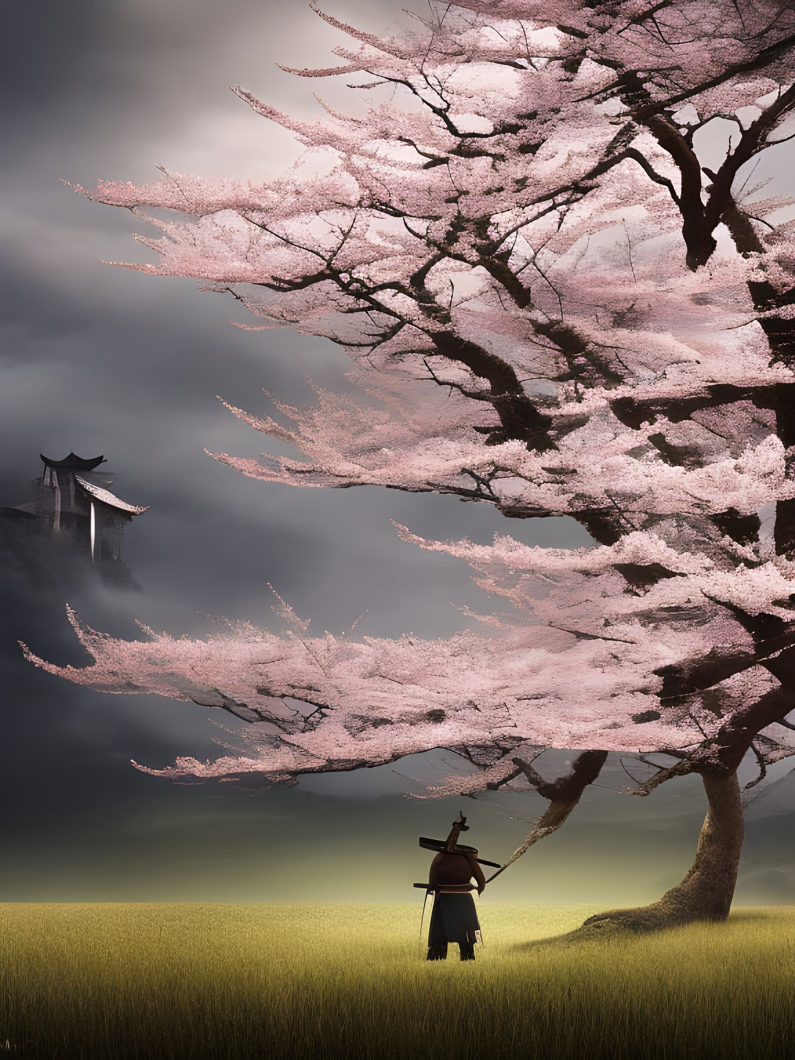 Samurai in Cherry Blossom Field: Cinematic Digital Art