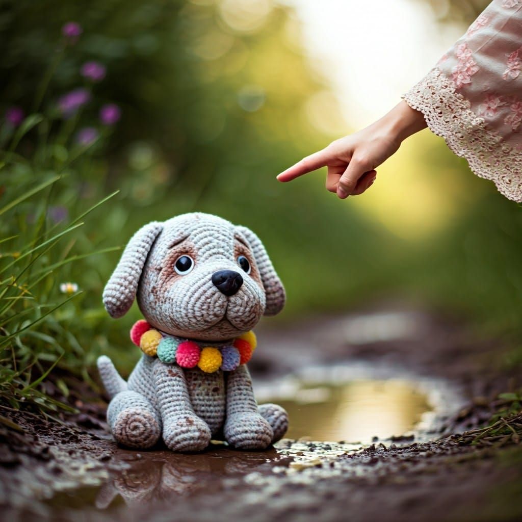 Muddy Crocheted Dog in Whimsical Art Style