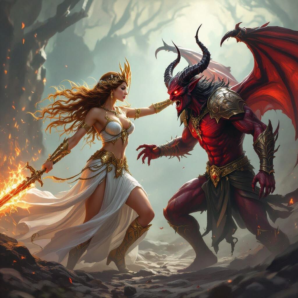 Goddess Battling a Demon in Epic Conflict