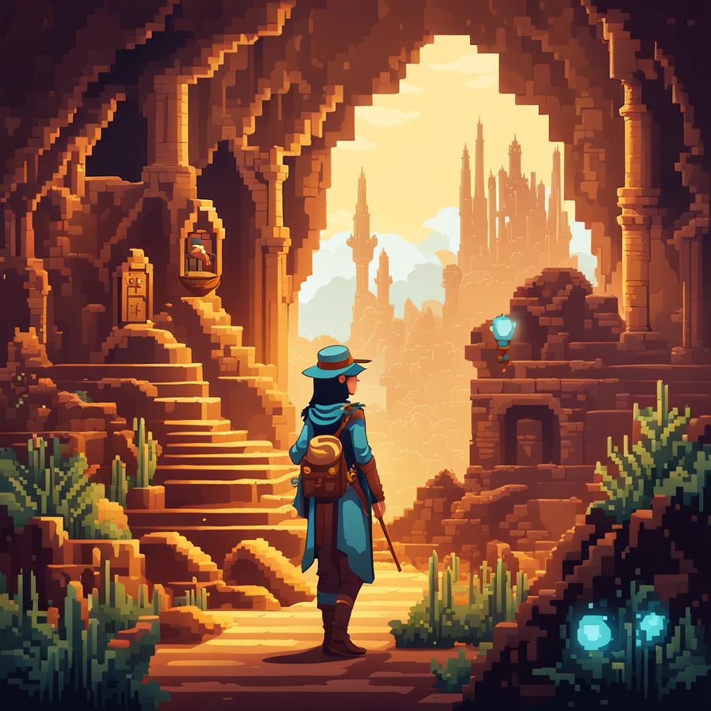 Archaeologist in Mystical World, Pixel Art Style
