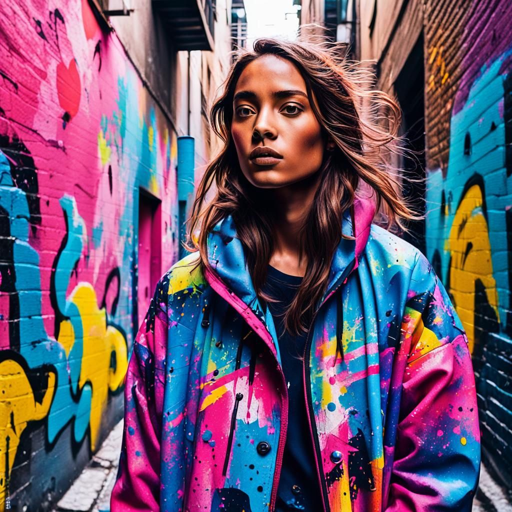 Vibrant Street Art: Woman in Colorful Cityscape