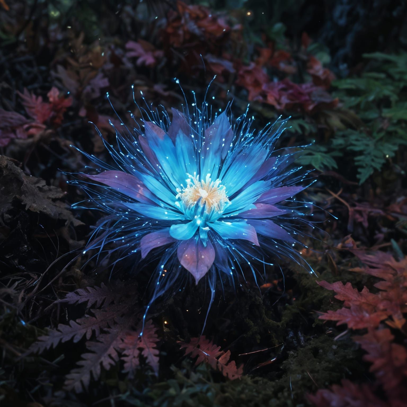 Glowing, Half Burned Electric Flower Blooms Amidst Forest Fl...