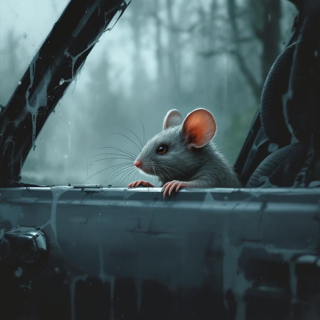 Mouse Driving a VW Golf in Misty Horror Fantasy