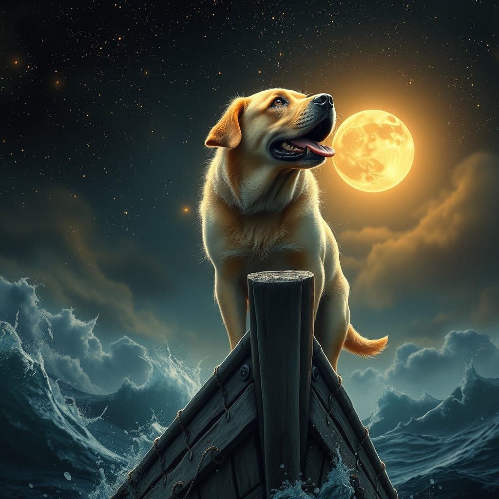 Majestic Yellow Lab on Weathered Sailboat at Night
