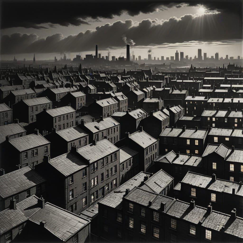 Urban Landscape in Vibrant Red Hues, Gritty, Industrial-Era...