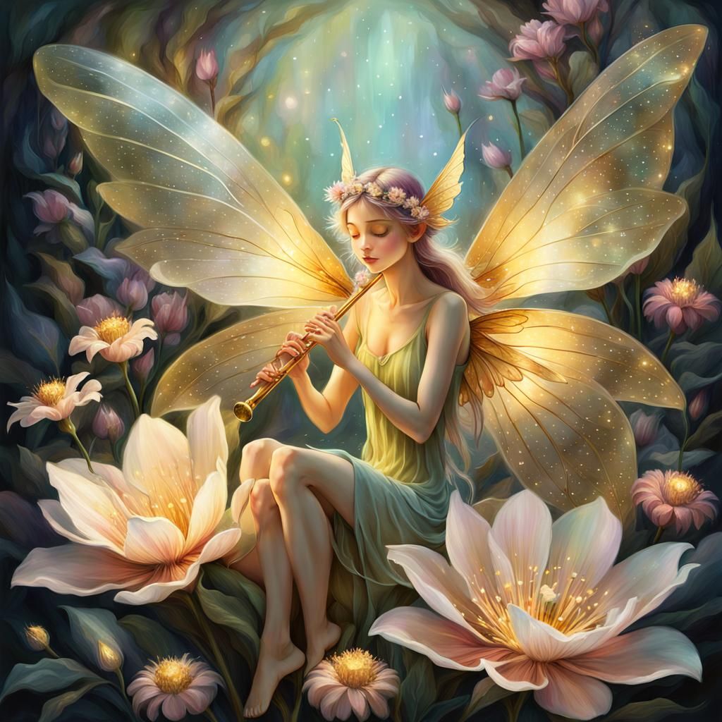 Fairy in Flower Digital Art with Glittery Wings