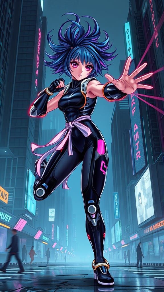 Cyborg Karate Girl in Neon-Lit Cyberpunk City